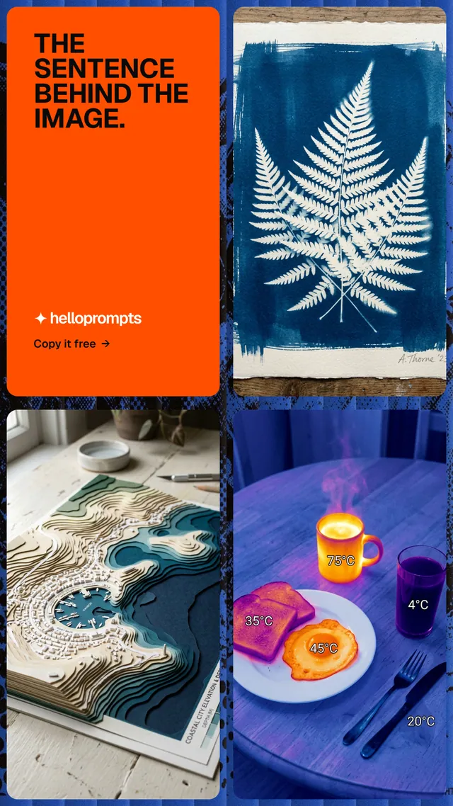 Instagram story for HelloPrompts: "The sentence behind the image." Agentic glass style, collage layout, dark palette in blue, red, grey.
