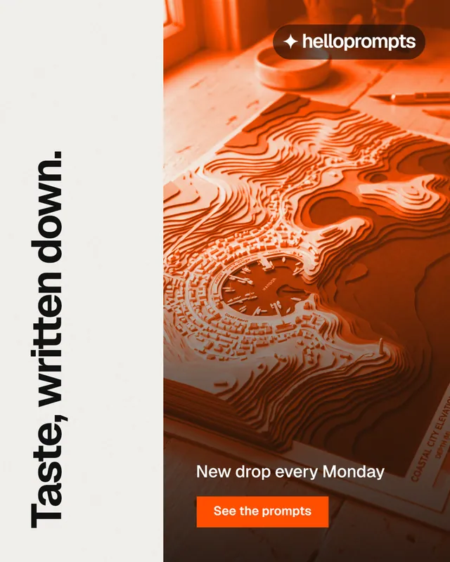 Instagram portrait post for HelloPrompts: "Taste, written down." Swiss style, vertical layout, light palette in white, orange.