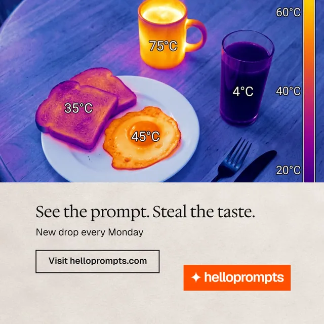 Instagram post for HelloPrompts: "See the prompt. Steal the taste." Editorial style, bottom layout, light palette in purple, orange.