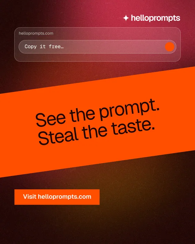 Instagram portrait post for HelloPrompts: "See the prompt. Steal the taste." Swiss style, diagonal layout, dark palette in orange, black, red.