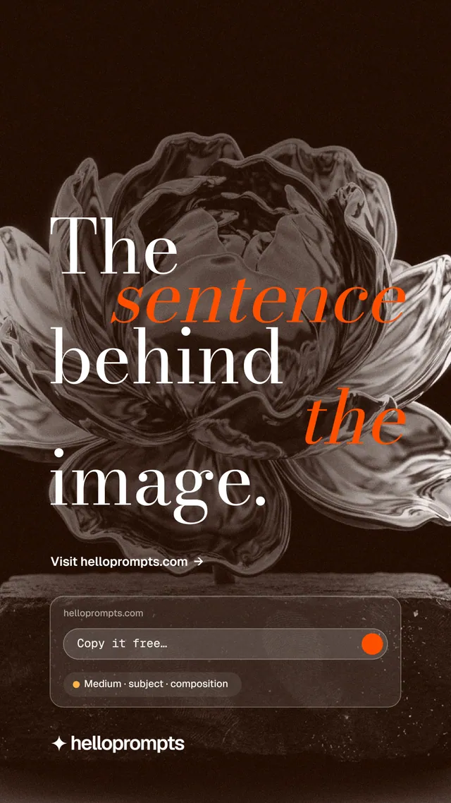 Instagram story for HelloPrompts: "The sentence behind the image." Minimal luxury style, stacked layout, dark palette in orange, black, grey.