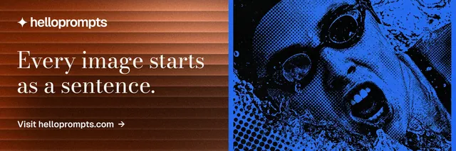 X header for HelloPrompts: "Every image starts as a sentence." Minimal luxury style, bottom layout, dark palette in orange, black, blue.