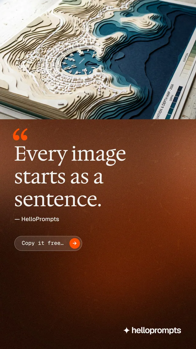 Instagram story for HelloPrompts: "The sentence behind the image." Agentic glass style, quote layout, dark palette in black, orange, white.