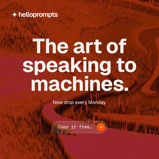 Instagram post for HelloPrompts: "The art of speaking to machines." Agentic glass style, centred layout, dark palette in red.