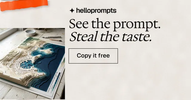 Social ad for HelloPrompts: "See the prompt. Steal the taste." Editorial style, skeleton layout, light palette in orange, grey, white.