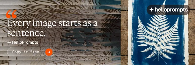 X header for HelloPrompts: "Copy it free." Agentic glass style, quote layout, dark palette in orange, grey, blue.