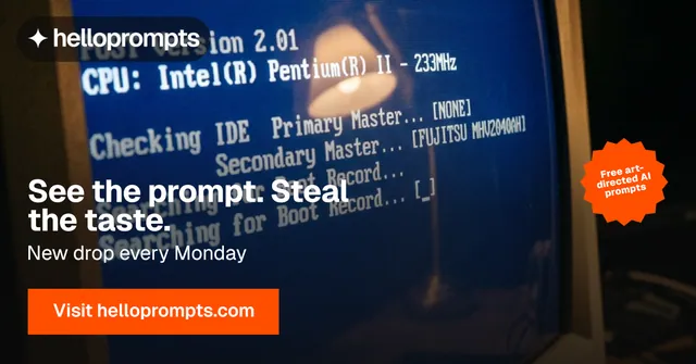 Social ad for HelloPrompts: "See the prompt. Steal the taste." Swiss style, sticker layout, dark palette in blue, grey, black.