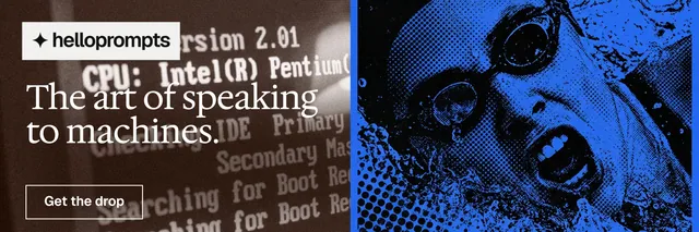 X header for HelloPrompts: "The art of speaking to machines." Editorial style, bottom layout, dark palette in black, blue, grey.