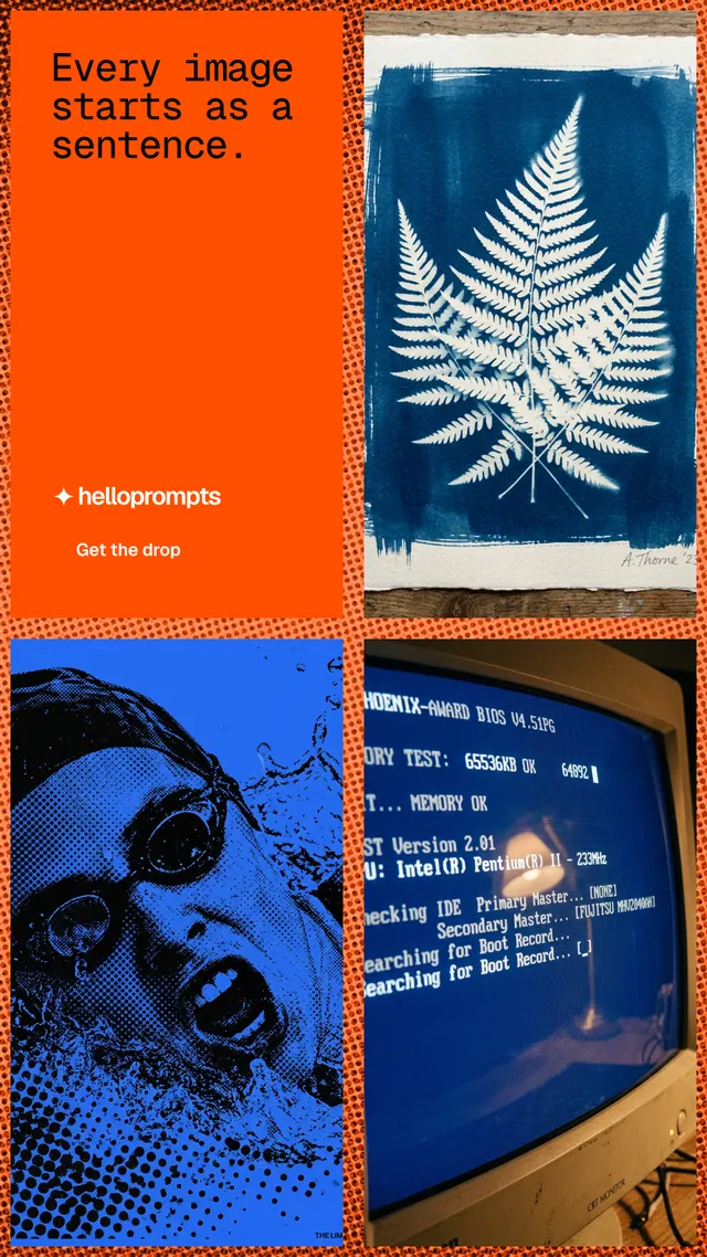 Instagram story for HelloPrompts: "Every image starts as a sentence." Swiss style, collage layout, dark palette in blue, red, grey.