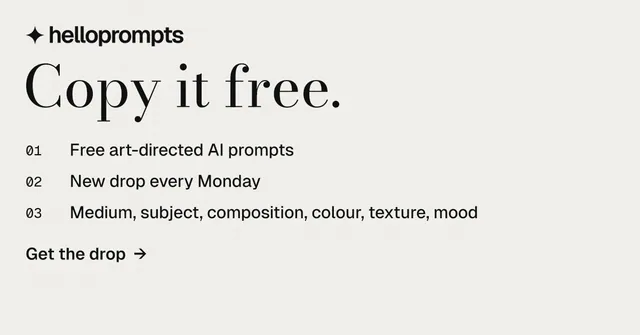 Social ad for HelloPrompts: "Copy it free." Minimal luxury style, numbered layout, light palette in white.