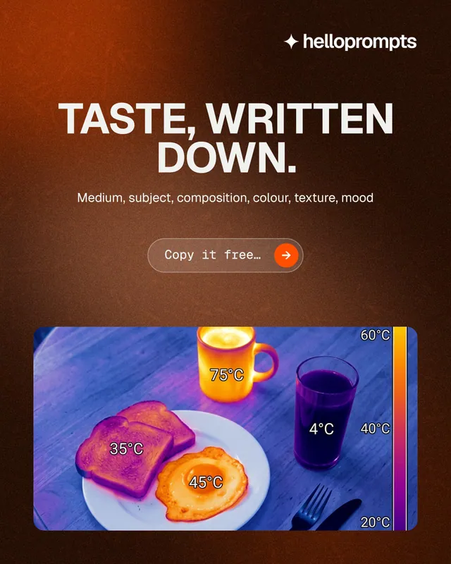 Instagram portrait post for HelloPrompts: "Taste, written down." Agentic glass style, centred layout, dark palette in black, red, blue.