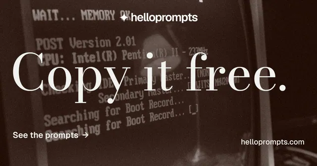 Social ad for HelloPrompts: "Copy it free." Minimal luxury style, poster layout, dark palette in orange, black, grey.