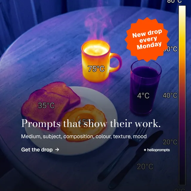 Instagram post for HelloPrompts: "Prompts that show their work." Minimal luxury style, sticker layout, dark palette in grey, blue, purple.