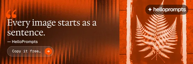 X header for HelloPrompts: "Every image starts as a sentence." Agentic glass style, quote layout, dark palette in orange, brown.
