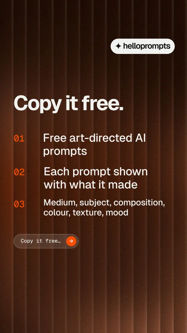Instagram story for HelloPrompts: "Copy it free." Agentic glass style, numbered layout, dark palette in orange, black, grey.