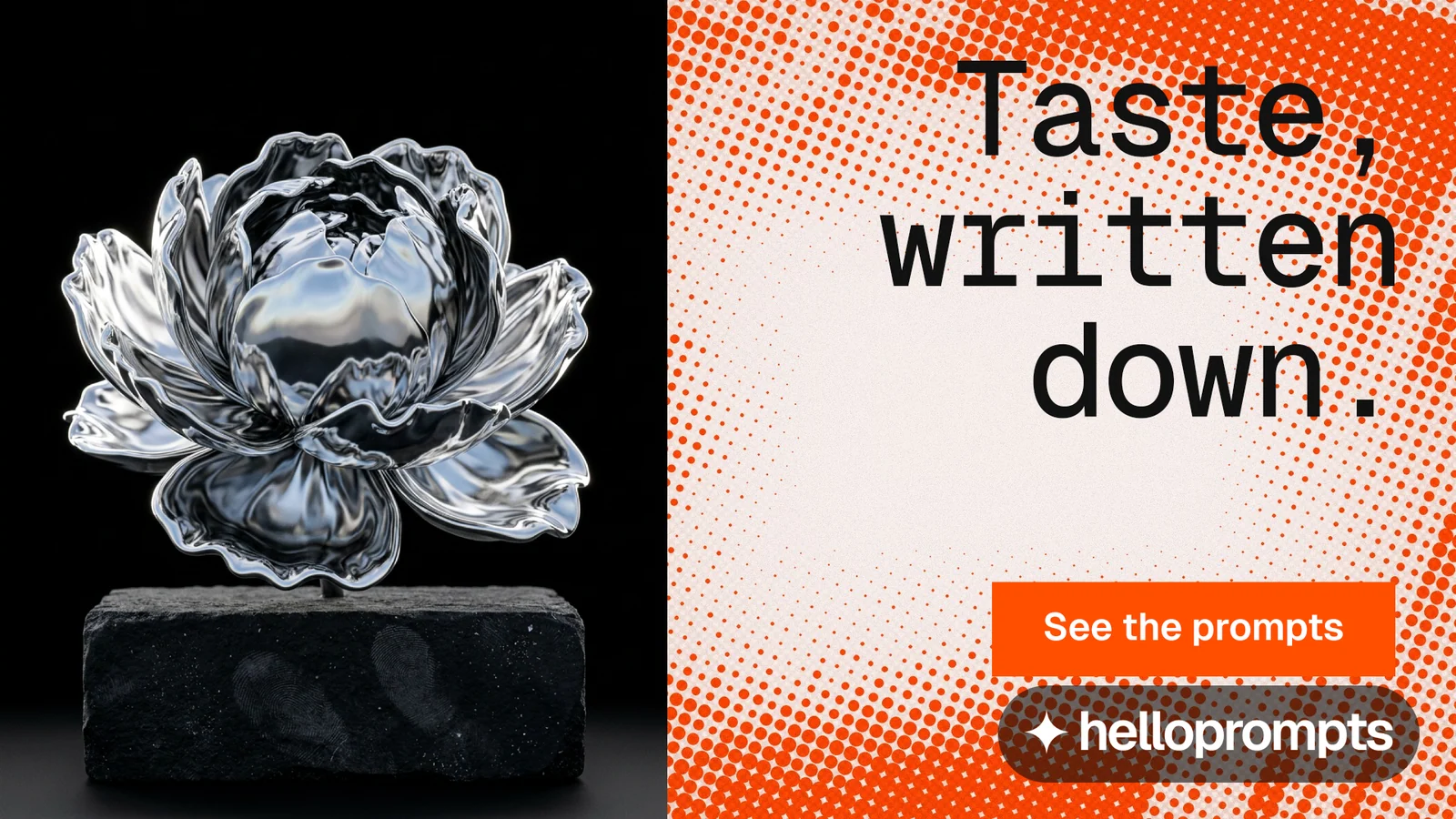 Landscape graphic for HelloPrompts: "Taste, written down." Swiss style, right layout, light palette in black, orange, white.