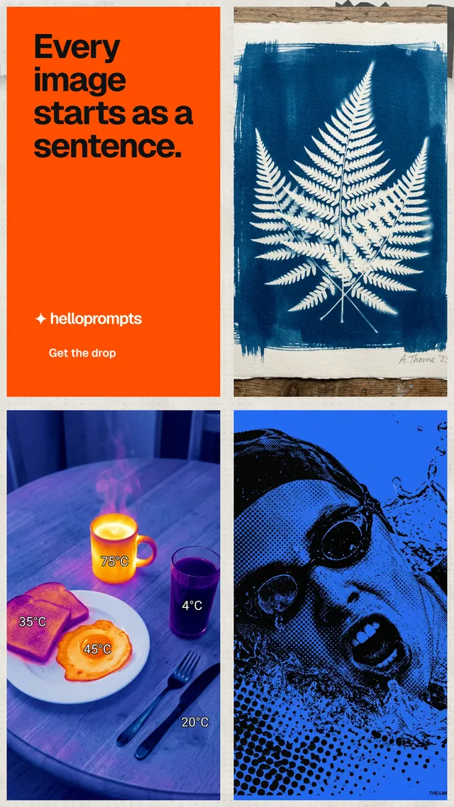 Instagram story for HelloPrompts: "Every image starts as a sentence." Swiss style, collage layout, dark palette in blue, grey, red.