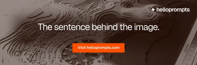 X header for HelloPrompts: "The sentence behind the image." Swiss style, centred layout, dark palette in black, orange, grey.