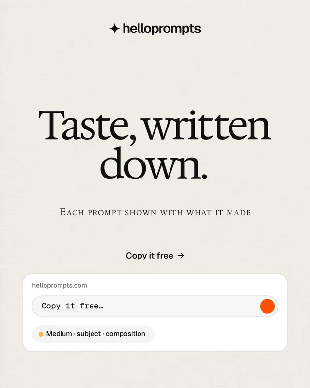 Instagram portrait post for HelloPrompts: "Taste, written down." Swiss style, smallcaps layout, light palette in yellow, white, grey.