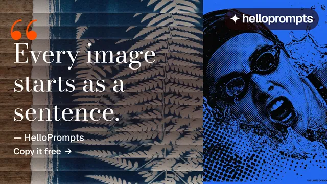 Landscape graphic for HelloPrompts: "Copy it free." Minimal luxury style, quote layout, dark palette in blue, black.