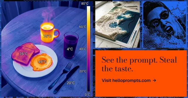 Social ad for HelloPrompts: "See the prompt. Steal the taste." Minimal luxury style, collage layout, dark palette in blue, red, grey.