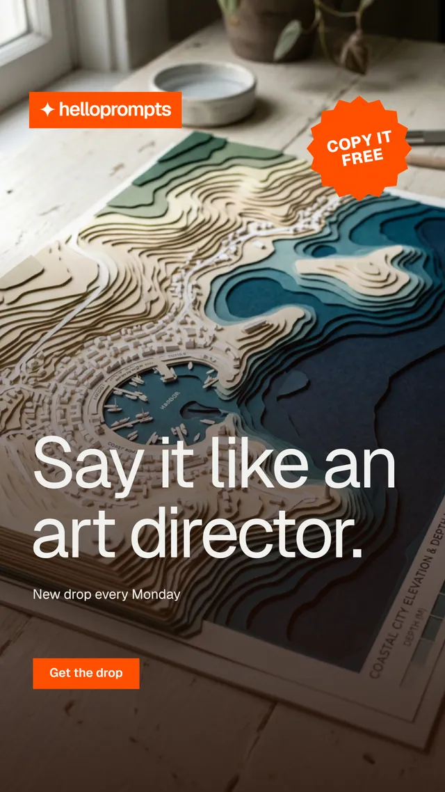 Instagram story for HelloPrompts: "Say it like an art director." Swiss style, sticker layout, dark palette in black, orange, grey.