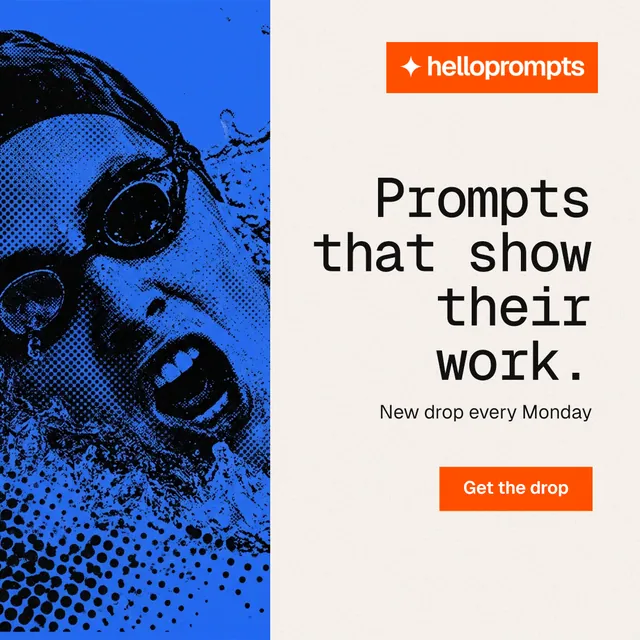Instagram post for HelloPrompts: "Prompts that show their work." Swiss style, right layout, light palette in white, blue, orange.
