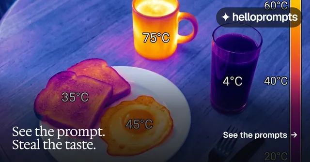 Social ad for HelloPrompts: "See the prompt. Steal the taste." Editorial style, image led layout, dark palette in blue, pink, orange.