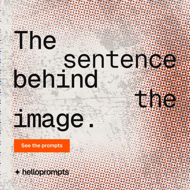 Instagram post for HelloPrompts: "The sentence behind the image." Swiss style, stacked layout, light palette in red, orange, white.