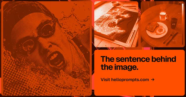 Social ad for HelloPrompts: "The sentence behind the image." Agentic glass style, collage layout, dark palette in orange.