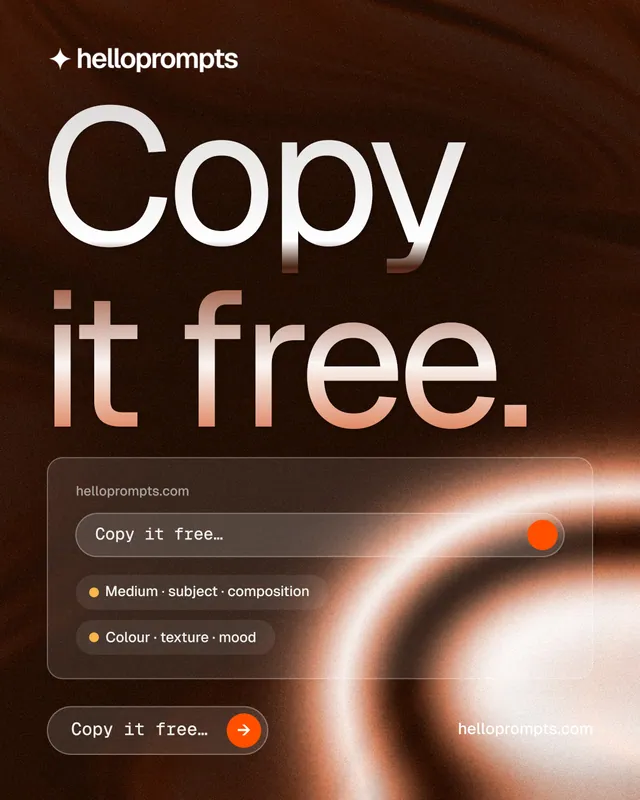 Instagram portrait post for HelloPrompts: "Copy it free." Agentic glass style, poster layout, dark palette in orange, black.