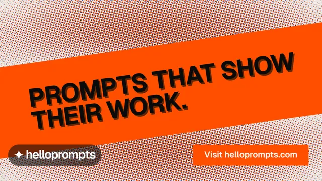 Landscape graphic for HelloPrompts: "Prompts that show their work." Swiss style, diagonal layout, light palette in orange, red.
