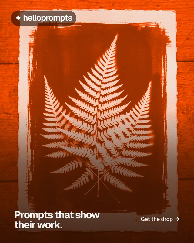 Instagram portrait post for HelloPrompts: "Prompts that show their work." Swiss style, image led layout, dark palette in orange, brown.