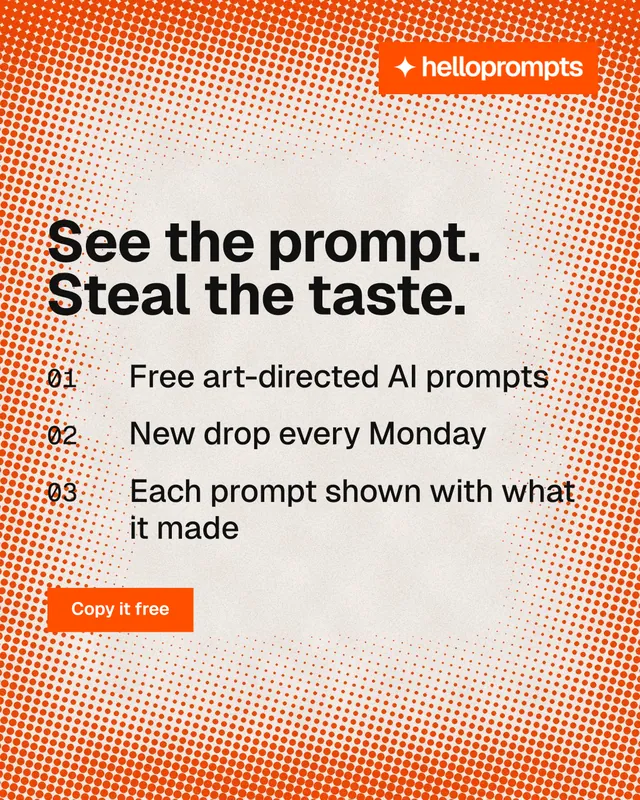 Instagram portrait post for HelloPrompts: "See the prompt. Steal the taste." Swiss style, numbered layout, light palette in orange.