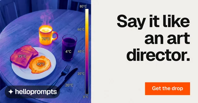 Social ad for HelloPrompts: "Say it like an art director." Swiss style, right layout, light palette in white, blue.
