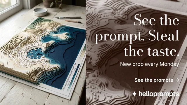 Landscape graphic for HelloPrompts: "See the prompt. Steal the taste." Minimal luxury style, right layout, light palette in orange, grey, white.