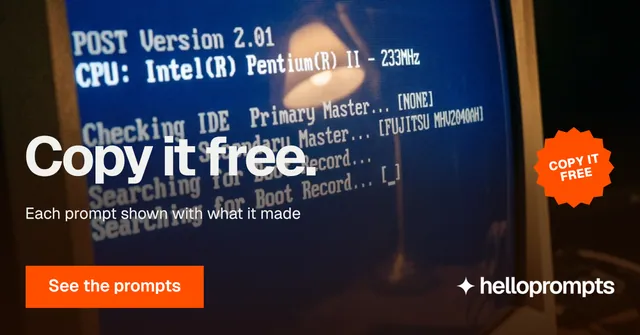 Social ad for HelloPrompts: "Copy it free." Swiss style, sticker layout, dark palette in black, blue, red.
