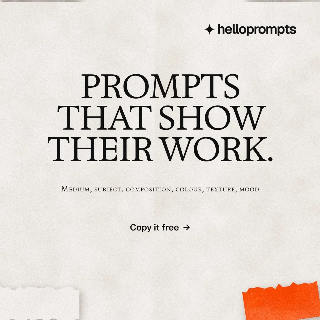 Instagram post for HelloPrompts: "Prompts that show their work." Swiss style, smallcaps layout, light palette in orange, white.