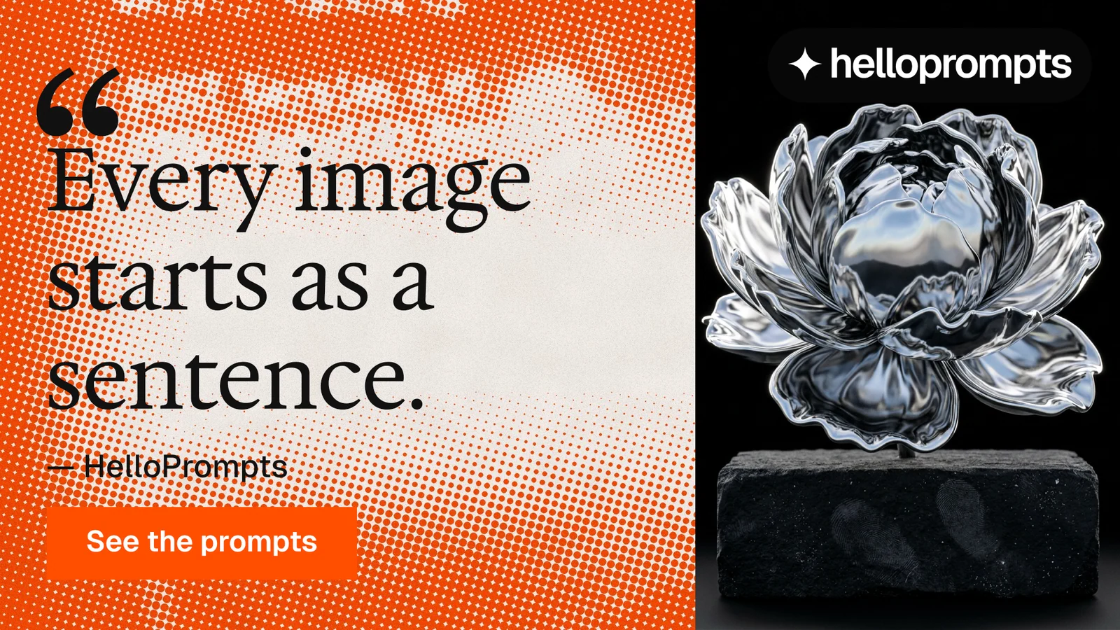 Landscape graphic for HelloPrompts: "The art of speaking to machines." Swiss style, quote layout, light palette in black, orange.