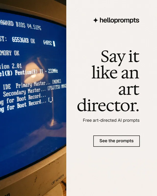 Instagram portrait post for HelloPrompts: "Say it like an art director." Editorial style, right layout, light palette in white, blue, grey.