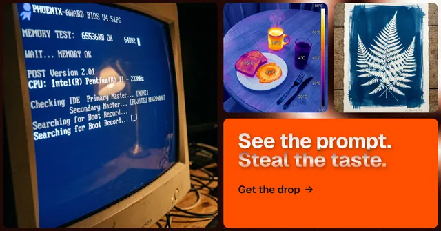 Social ad for HelloPrompts: "See the prompt. Steal the taste." Agentic glass style, collage layout, dark palette in blue, orange, black.
