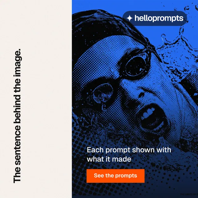 Instagram post for HelloPrompts: "The sentence behind the image." Swiss style, vertical layout, light palette in white, black, blue.