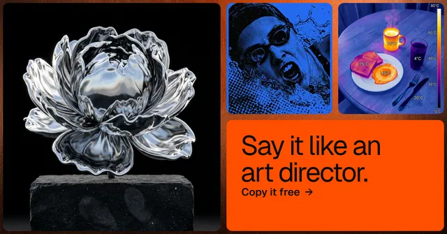 Social ad for HelloPrompts: "Say it like an art director." Agentic glass style, collage layout, dark palette in black, orange, blue.