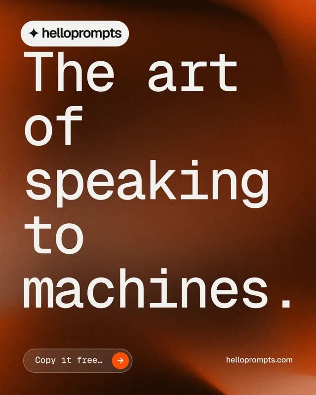 Instagram portrait post for HelloPrompts: "The art of speaking to machines." Agentic glass style, poster layout, dark palette in orange.