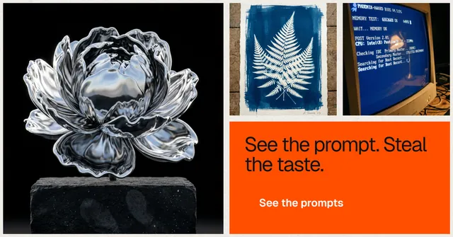 Social ad for HelloPrompts: "See the prompt. Steal the taste." Swiss style, collage layout, dark palette in black, orange, grey.