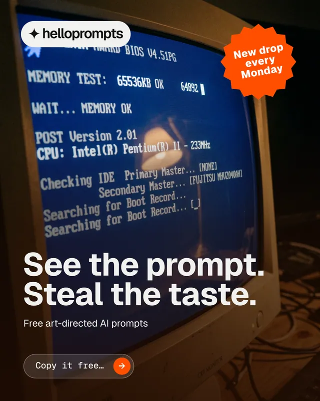 Instagram portrait post for HelloPrompts: "See the prompt. Steal the taste." Agentic glass style, sticker layout, dark palette in black, blue, grey.