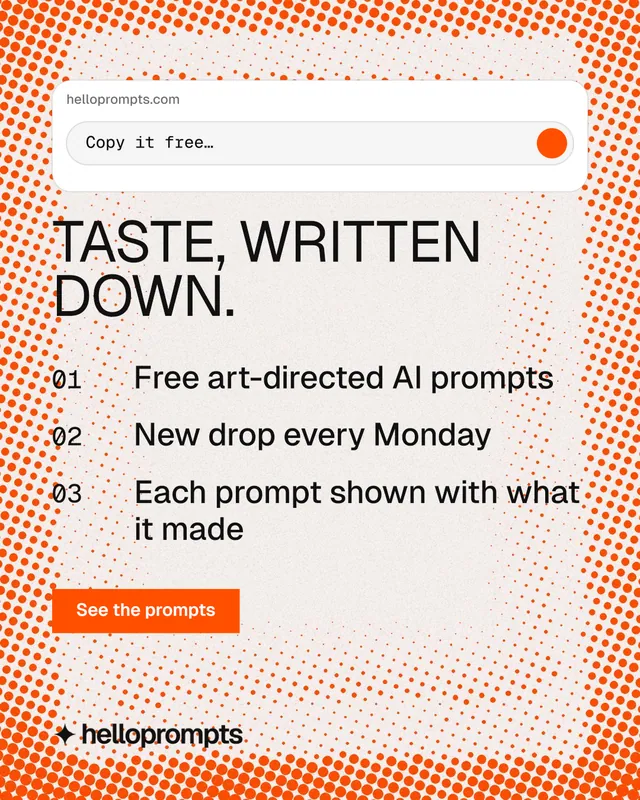 Instagram portrait post for HelloPrompts: "Taste, written down." Retro print style, numbered layout, light palette in white, orange.