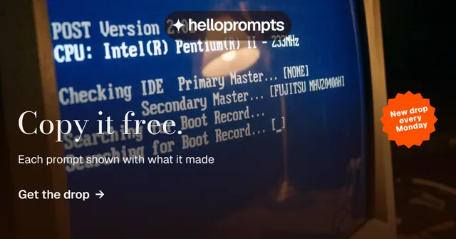 Social ad for HelloPrompts: "Copy it free." Minimal luxury style, sticker layout, dark palette in black, blue, grey.
