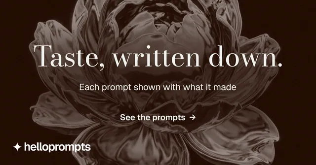 Social ad for HelloPrompts: "Taste, written down." Minimal luxury style, centred layout, dark palette in black, orange, grey.