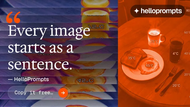 Landscape graphic for HelloPrompts: "Taste, written down." Agentic glass style, quote layout, dark palette in orange, purple, red.